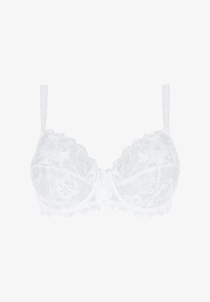 Sujetador de encaje blanco con patrones florales, copas con aros, tirantes ajustables y un pequeño lazo decorativo en el centro.