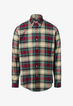 Koszula w kratę z bawełny o kremowej bazie z czerwonymi, zielonymi i niebieskimi kratkami, z kołnierzykiem zapinanym na guziki oraz z przodem z listwą zapinaną na guziki.