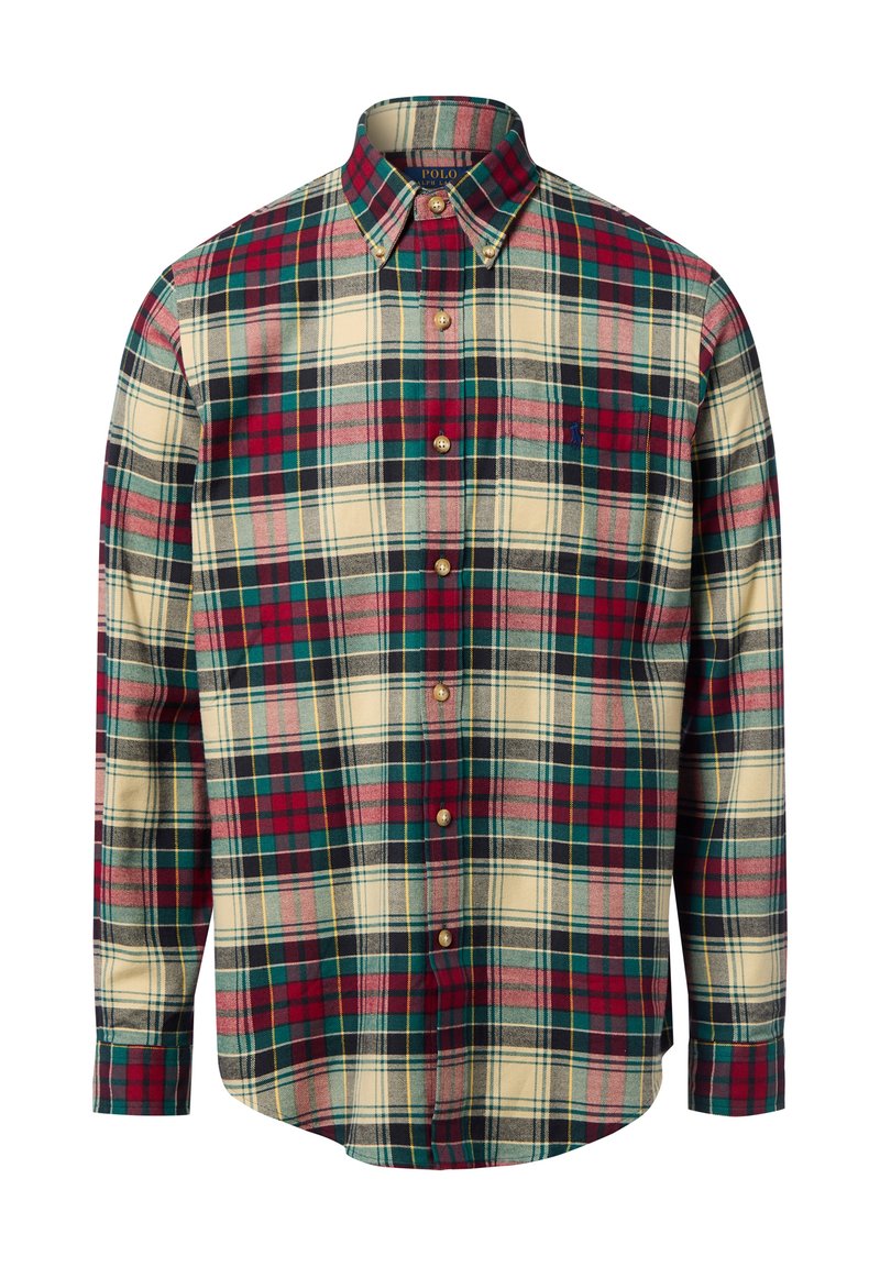 Katoenen geruite overhemd met een crèmekleurige basis en rode, groene en blauwe ruiten, met een button-down kraag en een voorpaneel met knopen.