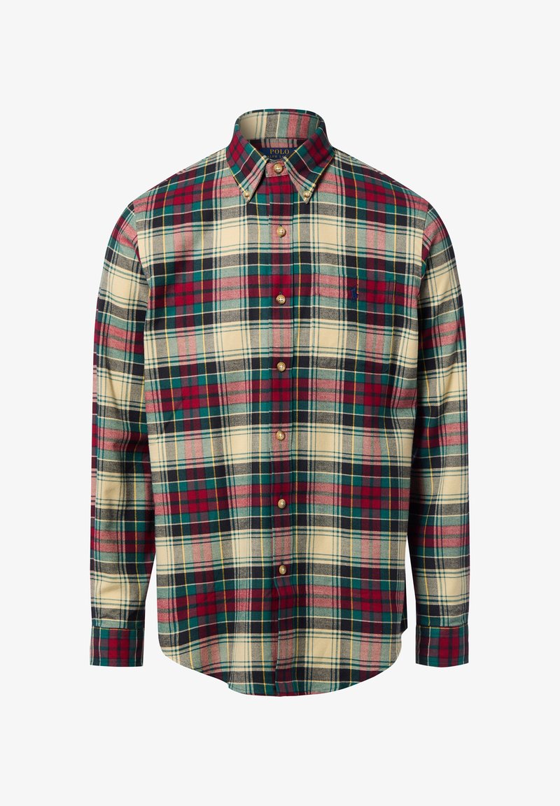 Katoenen geruite overhemd met een crèmekleurige basis en rode, groene en blauwe ruiten, met een button-down kraag en een voorpaneel met knopen.