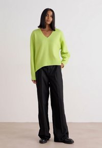 Zaļš V-veida kakla džemperis ar brīvu piegriezumu un ribotu apakšmalu, kombinēts ar melnām platām biksēm. Apģērbs raksturojas ar gludām tekstūrām un minimālu noformējumu.