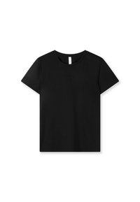 Camiseta negra de manga corta con cuello redondo y un logo sutil bordado en el centro del pecho.