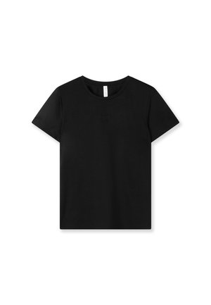 Schwarzes T-Shirt mit kurzen Ärmeln und Rundhalsausschnitt, mit dezent besticktem Logo mittig auf der Brust.