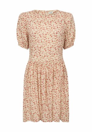 Kurzärmeliges Kleid aus cremefarbenem Stoff mit floralem Muster in Rot- und Grüntönen, geraffter Taille und rundem Ausschnitt.