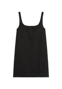 Zwarte mouwloze jurk, gemaakt van denim, heeft een vierkante halslijn, een gebogen zoom en een klein opgestikt zakje aan de linkerkant.