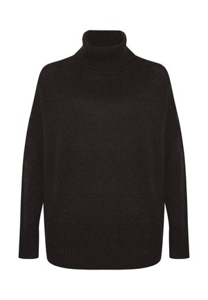 Dark brown long-sleeve knit sweater with a ribbed turtleneck and hem, featuring a loose, relaxed fit.
