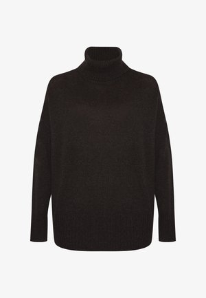 Dark brown long-sleeve knit sweater with a ribbed turtleneck and hem, featuring a loose, relaxed fit.