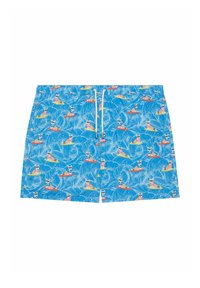 Shorts de bain bleus avec un motif répétitif de chiens surfant sur des planches colorées, avec des designs de vagues en arrière-plan. Taille avec cordon de serrage.
