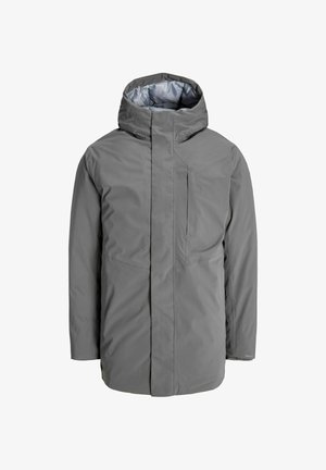 Grijze waterdichte jas met een capuchon, voorzien van een voorkleurige rits, een borstzak en zijzakken. Glad exterieur en gevoerd interieur.