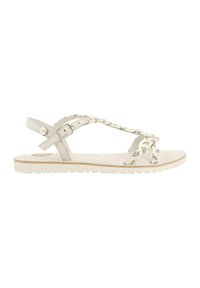 Sandal plana con diseño de tira trenzada en gris claro, que cuenta con hebilla ajustable y suela texturizada para mayor agarre. Estilo minimalista con acabado suave.