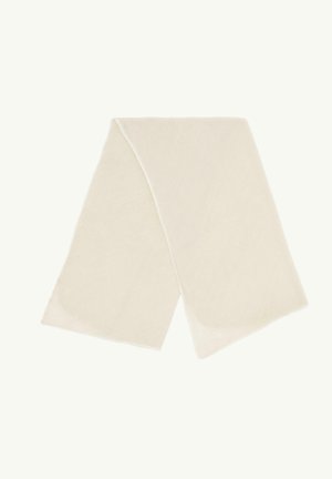 Light beige scarf made of soft fabric, featuring a smooth texture. It has a simple, rectangular shape with slightly frayed edges.