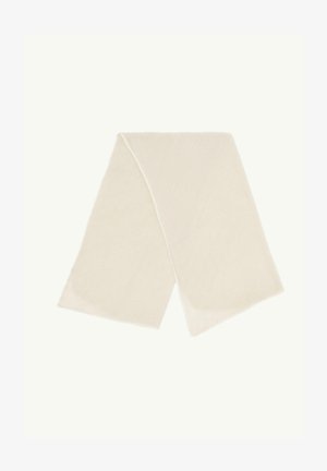 Light beige scarf made of soft fabric, featuring a smooth texture. It has a simple, rectangular shape with slightly frayed edges.