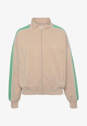 Beige zip-up jacket with a high collar, green side panels, and white accents. Ribbed cuffs and hem. Features a small logo on the chest.