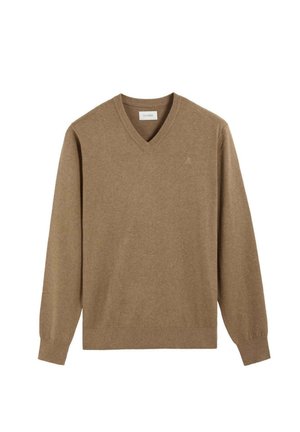 Jersey marrón de manga larga con cuello en V, puños y bajo acanalados, hecho de tela suave, mostrado sobre un fondo blanco.