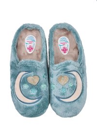 Zapatillas de felpa turquesa con diseño de media luna, adorno de corazón con purpurina y forro interior suave para mayor comodidad.