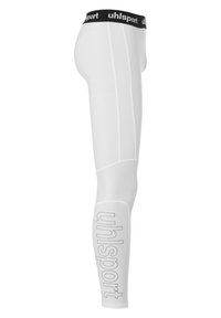 Leggings de sport blancs avec une bande noire, arborant un logo "uhlsport" bien en vue. Fabriqués en tissu lisse et extensible, conçus pour le confort.