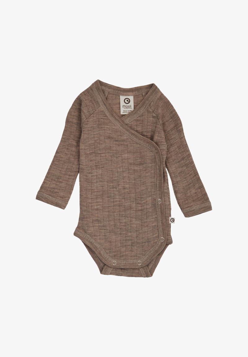 Body per bambini a maniche lunghe marrone a coste con design avvolgente, chiusure a scatto sul fondo e un'etichetta con il nome del marchio "müsli".