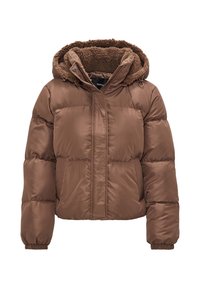 Brązowa kurtka puchowa z kapturem wyłożonym sztucznym futrem, zamkiem błyskawicznym, elastycznymi mankietami i pudełkowym krojem. Gładki zewnętrzny materiał z pikowaną teksturą.