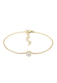 Goldkette-Armband mit einem runden klaren Edelstein in der Mitte, ausgestattet mit einem sicheren Verschluss und verstellbaren Gliedern. Glatte Textur, zartes Design.