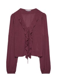 Blouse bordeaux avec un décolleté en V, des volants sur le devant et de longues manches bouffantes. Confectionnée dans un tissu texturé avec une coupe ample.