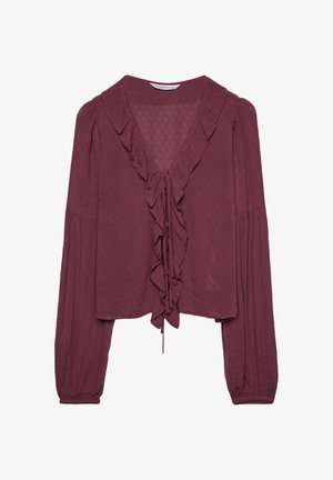 Bordeaux-paitapusero, jossa on V-mallinen kaulus, frilla-yksityiskohtia edessä ja pitkät puffihihat. Valmistettu teksturoidusta kankaasta, jossa on rento istuvuus.