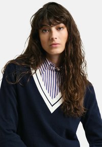 Maglione blu navy con un design a righe bianche a V sopra una camicia a righe chiaro azzurra e bianca con colletto. Capelli lunghi e ondulati visibili.
