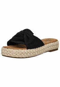 Zwarte stoffen slide sandaal met een gekruiste strikdetail, featuring een gevlochten juten zool en een getextureerde binnenzool voor comfort.