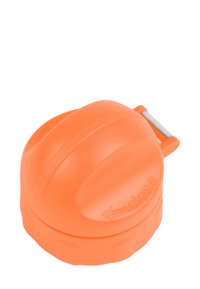 Orange plastic container with a rounded top, textured grip, and clear markings for "open" and "close." Includes a small gray handle.