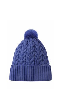 Blue knitted beanie with cable pattern and a pom-pom on top, featuring a folded ribbed brim.