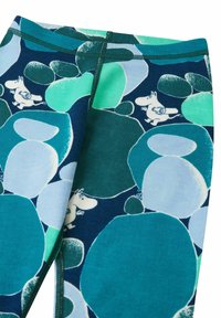 Leggings pour enfants avec des motifs de rochers bleu sarcelle, bleu marine et bleu clair et de petits hippopotames blancs de style dessin animé dispersés sur toute la surface.