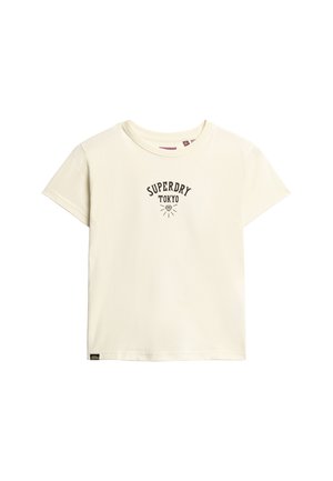Cremfarbendes T-Shirt mit kurzen Ärmeln aus Baumwolle, auf der Vorderseite mit einem schwarzen "SUPERDRY TOKYO"-Grafikdruck. Lässige Passform mit rundem Halsausschnitt.