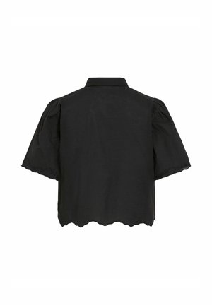 Black short-sleeve blouse with puffed sleeves, scalloped edges on hem and cuffs, and a pointed collar, shown from the back.