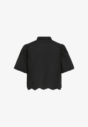 Black short-sleeve blouse with puffed sleeves, scalloped edges on hem and cuffs, and a pointed collar, shown from the back.