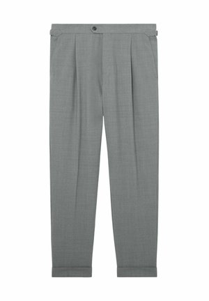 Šviesiai pilkos pritaikytos moteriškos kelnės su priekyje esančiomis klostėmis, šoninėmis reguliavimo juostelėmis, sagų užsegimu ir užlenktomis apačiomis.