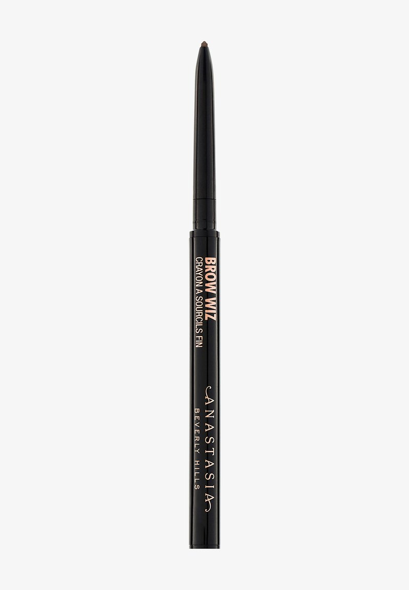 Black retractable brow pencil with a fine tip and brand name "Anastasia Beverly Hills" in rose gold lettering. Sleek design with no embellishments.