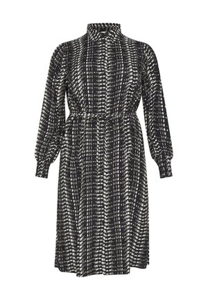 Mustvalge mustriga kleit pikemate varrukatega, kraega ja kumerdatud taljega. Sile tekstuur ja põlvepikkune disain.