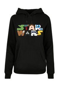 Black hooded sweatshirt featuring a multicolored "STAR WARS" graphic, with various character and item icons integrated into the letters.
