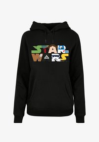 Sudadera con capucha negra que presenta un gráfico multicolor de "STAR WARS", con varios íconos de personajes y objetos integrados en las letras.