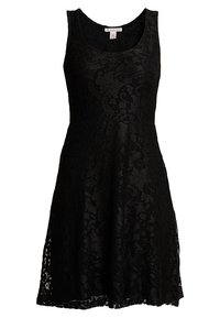 Robe en dentelle noire avec un design débardeur, une silhouette évasée, des motifs floraux complexes et un ourlet légèrement festonné.