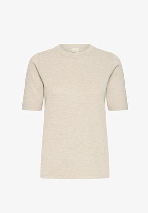 Béžové tričko s krátkym rukávom vyrobené z mäkkej látky. Má okrúhly výstrih a voľný strih. Hladká štruktúra bez viditeľných vzorov alebo zdobení.