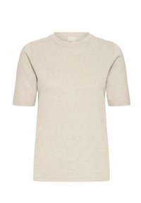 T-shirt beige à manches courtes en tissu doux. Présente un col rond et une coupe décontractée. Texture lisse sans motifs ni accents visibles.