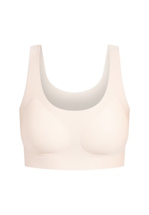 Beige draadloze bralette met een ronde halslijn, brede bandjes, een gladde textuur en subtiele shaping. Naadloos ontwerp, geen zichtbare hardware.