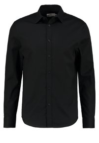 Zwarte lange mouwen shirt van gladde stof met een kraag, knoopsluiting aan de voorkant en een getailleerde pasvorm met knoopaccenten.