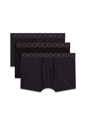 Tres pares de calzoncillos tipo bóxer negros con sutiles patrones grises de logotipos por toda la prenda, apilados con el par delantero completamente visible.