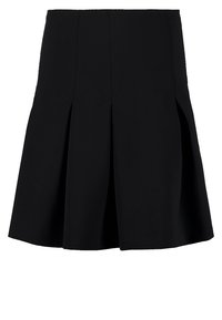 Musta polvipituinen hame, jossa on etuosa laatikkopaljetteja ja A-linja muotoilu, valmistettu sileästä kankaasta.