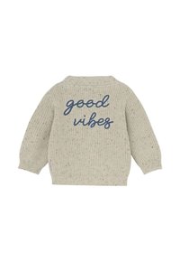 Beżowy sweter wykonany na drutach z wielokolorowymi drobinkami oraz haftem "good vibes" w niebieskim stylu na plecach.