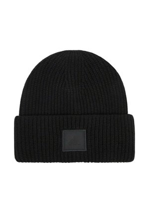 Berretto in maglia nera a coste con risvolto e una piccola toppa quadrata nera con un logo Adidas in rilievo sottile sulla parte frontale.