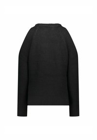 Pull en tricot noir avec une texture côtelée, des manches raglan et un col rond. Le design est minimaliste sans accents visibles.