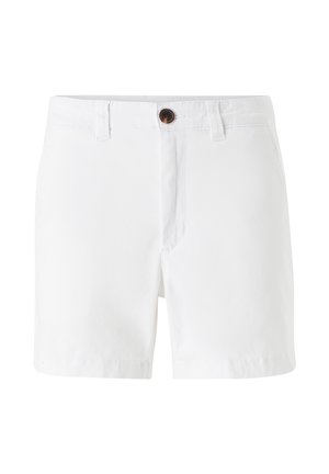 White cotton shorts with a button closure, belt loops, and front pockets, displayed against a plain white background.