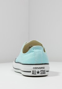 Baskets en toile bleu clair avec semelle en caoutchouc blanche, présentant des rayures noires et le logo "CONVERSE ALL STAR" au talon, texture lisse.